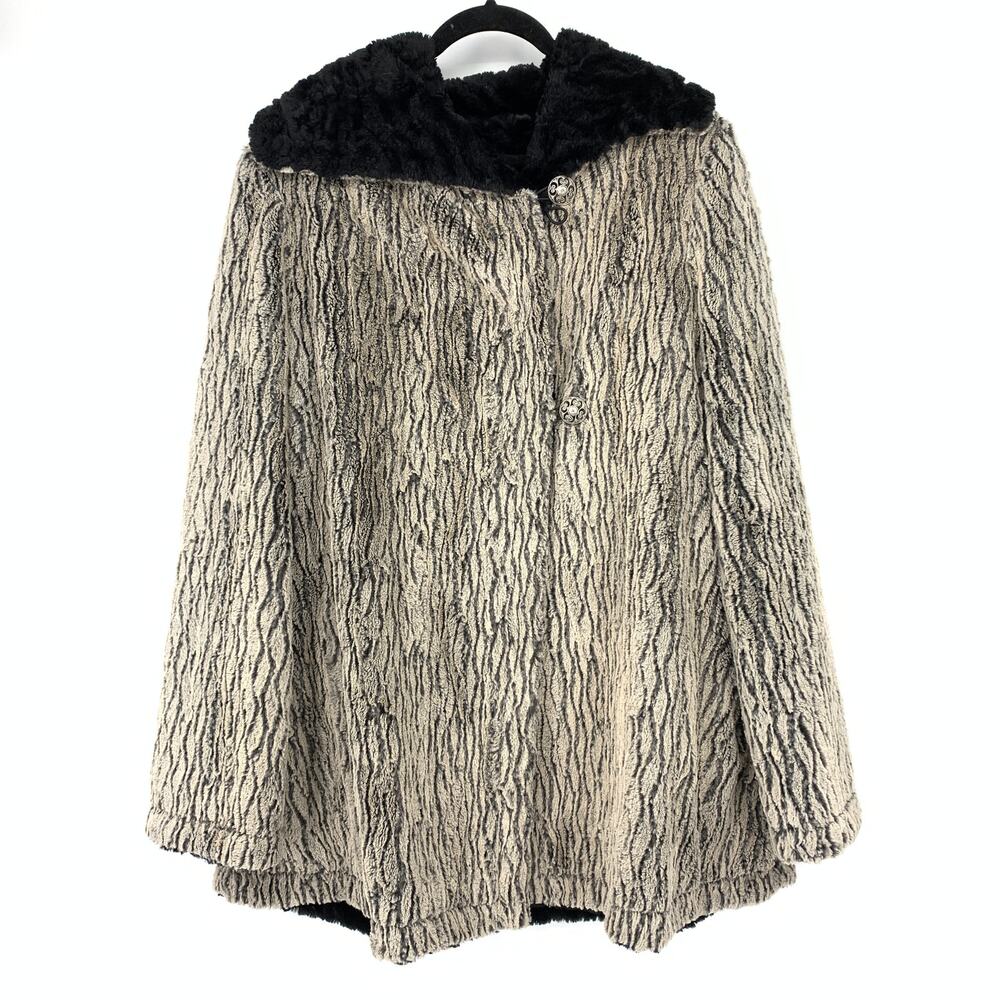 Vintage Reversible Faux Fur Cape Cream Gray Stripe Solid Black Womens One Size